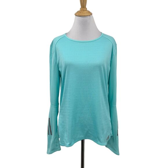 Adidas Shirt Womens M Medium Cyan Response Climacool Reflective Thumbholes Top - Picture 1 of 13